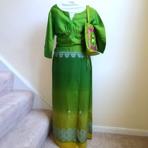 Green Silk Iridescent 3 Piece Top, Wrap Skirt & Bag
